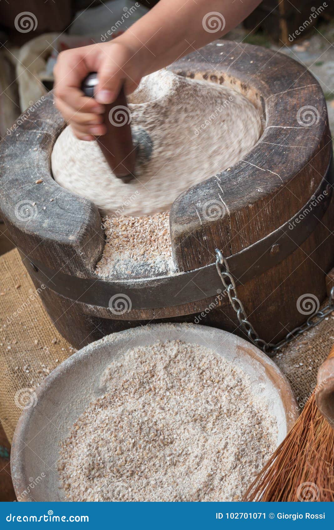 Using an Ancient Manual Stone Mill Outdoor Stock Image Image of