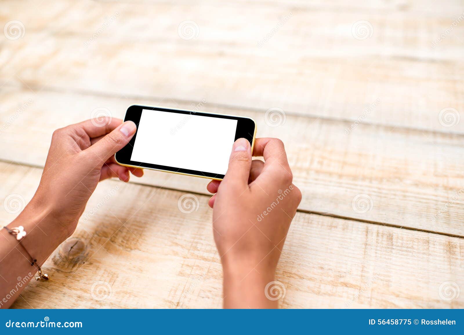 Using Phone on Wooden Table Background Stock Image Image of desk