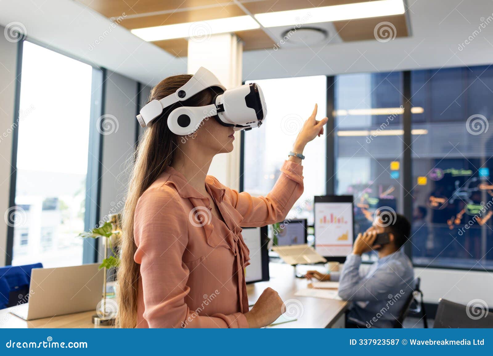 Using VR Headset, Woman Interacting with Virtual Environment in Modern  Office Stock Image - Image of design, goggles: 337923587