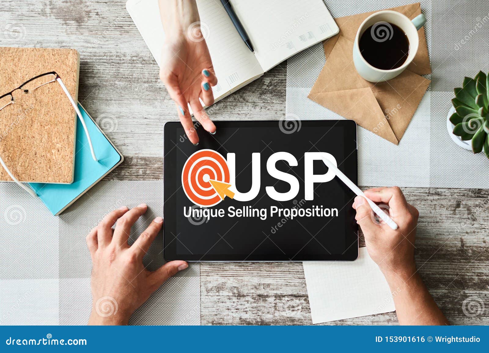 usp - unique selling propositions. business and finance concept on device screen.
