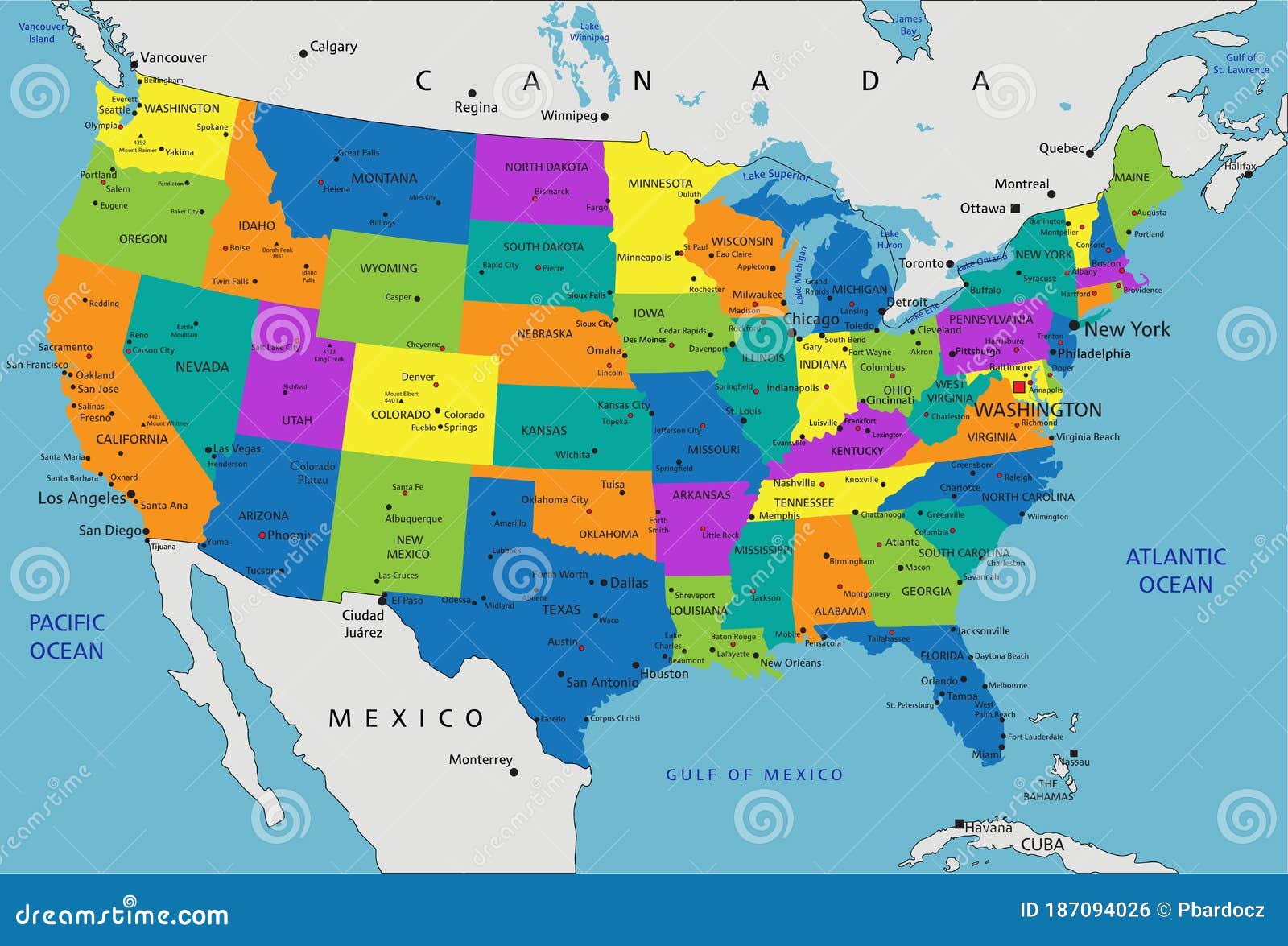 United States Labeled Map Colorful United States Of America Political Map With Clearly Labeled, Separated Layers. Stock Vector - Illustration Of City, Mapping: 187094026