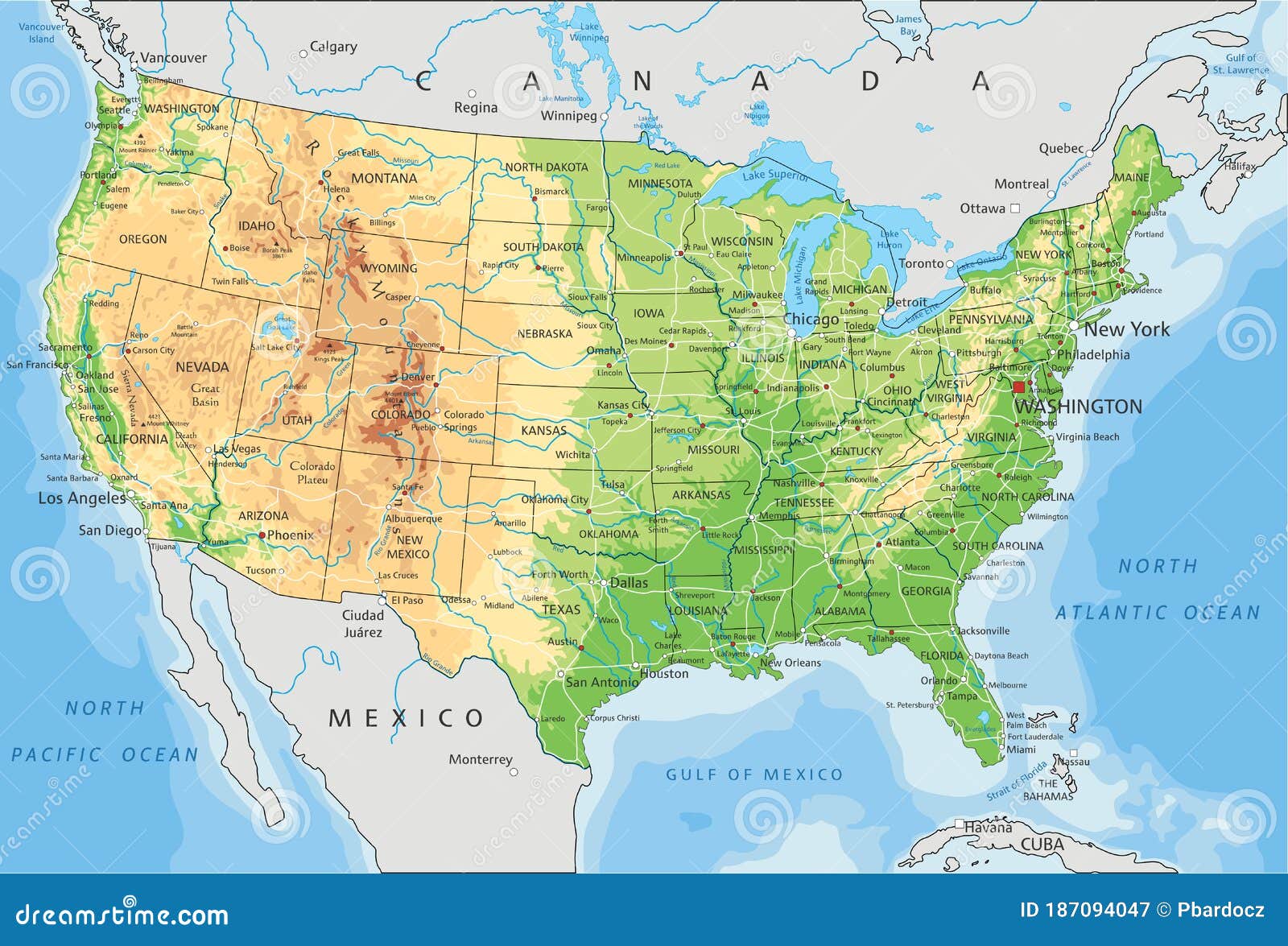 high detailed united states of america physical map with labeling.