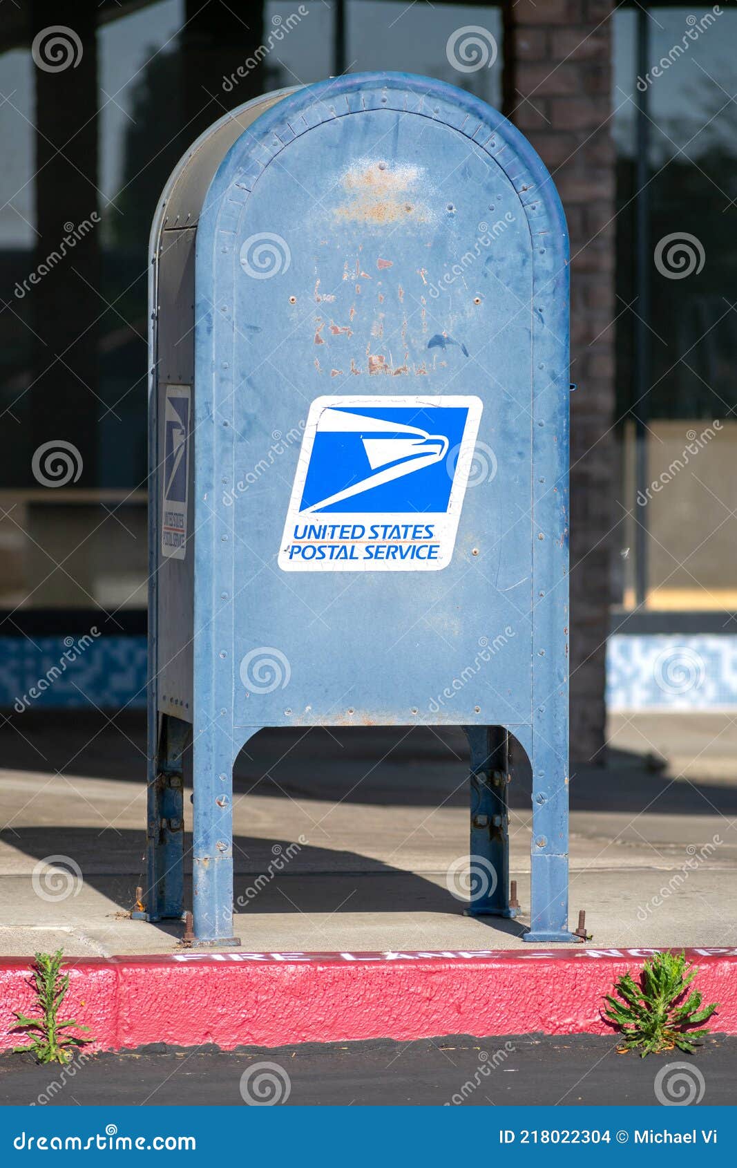 Usps Blue Outdoor Mailbox Weathered Mail Collection Box Of United States Postal Service Standing Next To The Red Fire Lane San Editorial Stock Image Image Of City Convenience