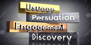 Usuage Persuation Engagement Discovery Words On Metal Blocks Stock Usuage Persuation Engagement Discovery Words On Metal Blocks Stock