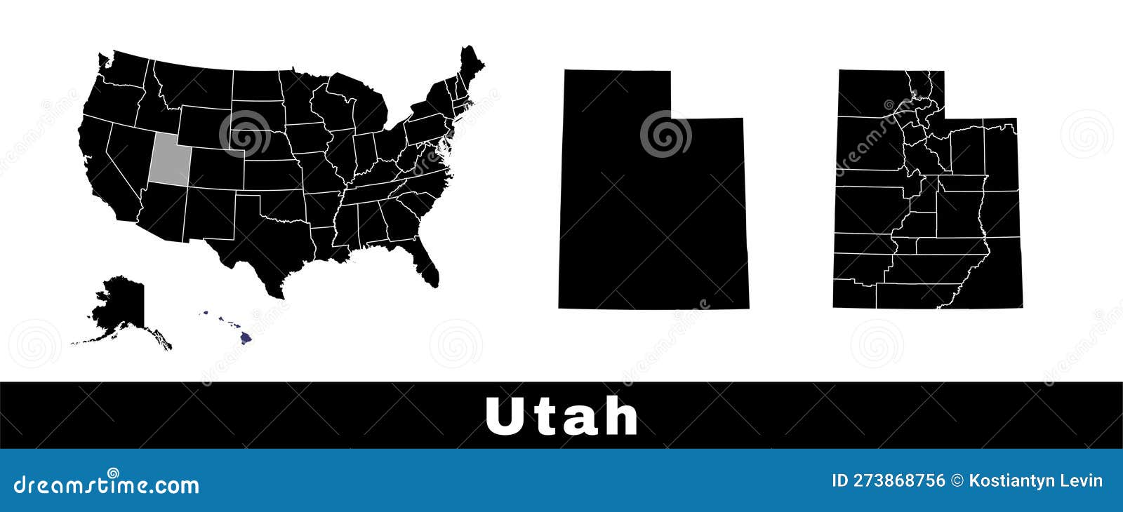 Utah State Map, USA. Set of Utah Maps with Outline Border, Counties and