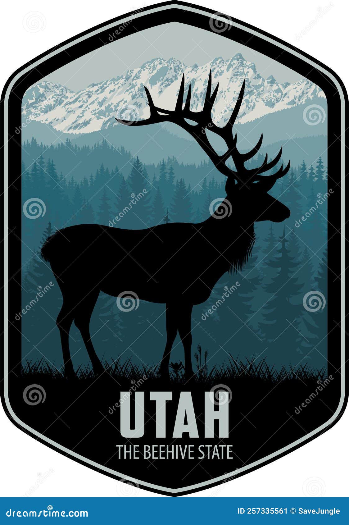 Utah Vector Label with Rocky Mountain Elk and Rocky Mountains Stock