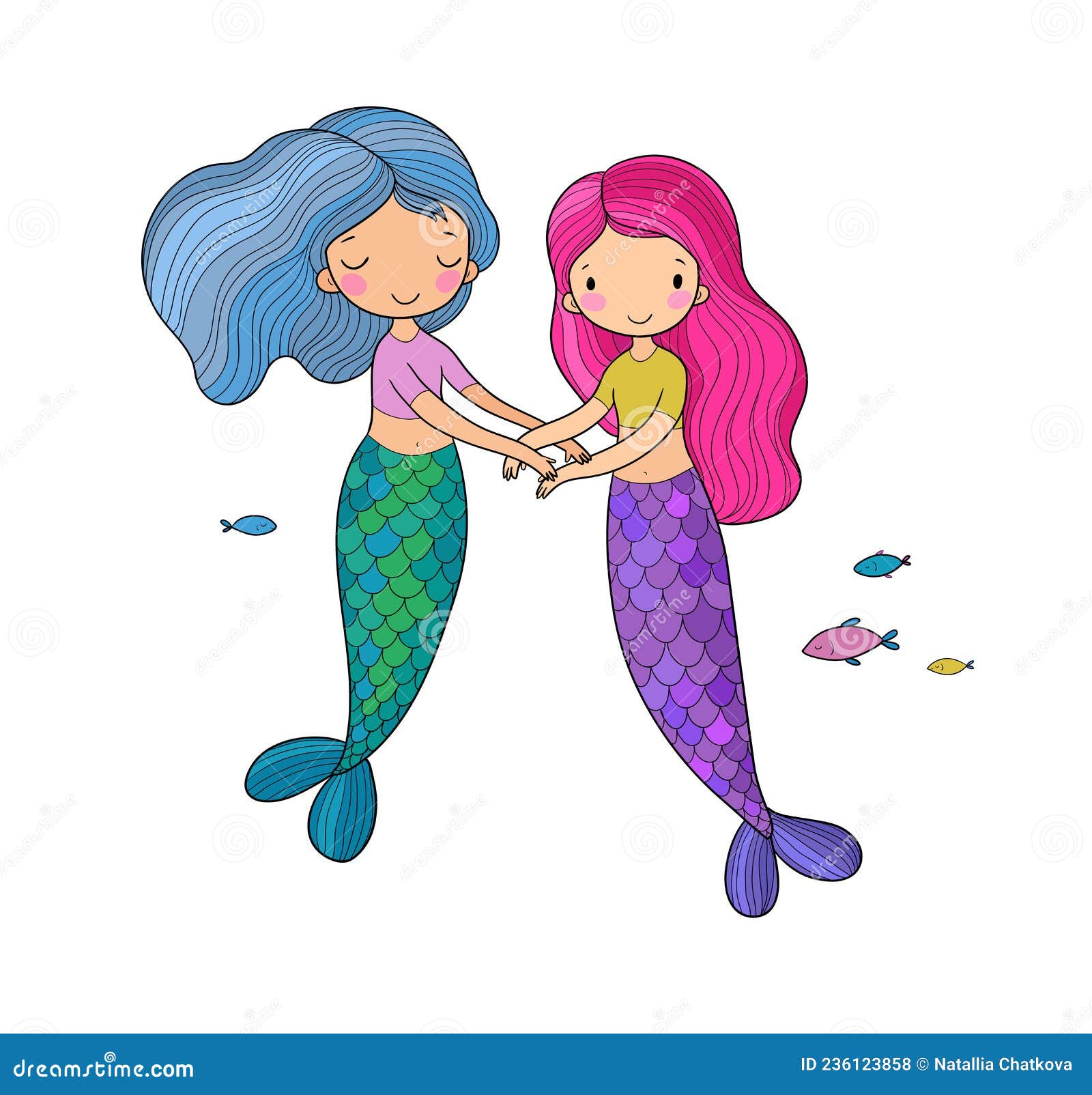 Cute Little Mermaids. Cartoon Girls with Fish Tails Stock Vector