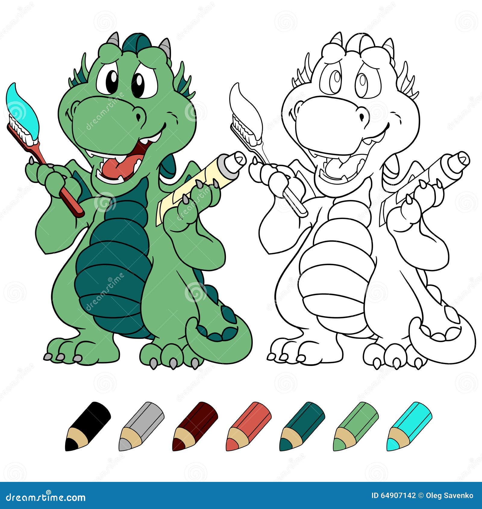 ÃÂ¡ute mint dragon with toothpaste and toothbrush coloring book version.