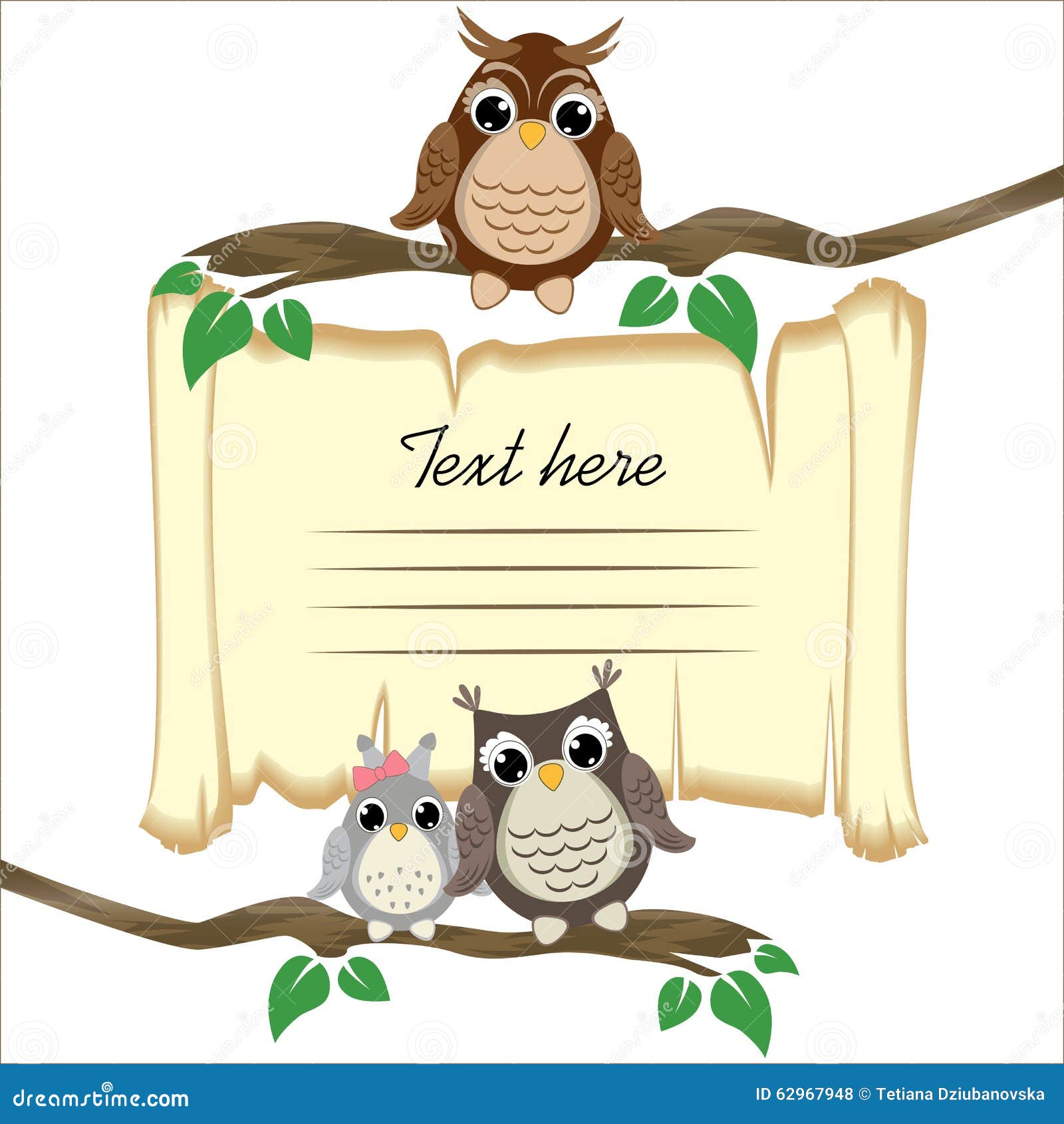 Ð ute owls on a branch on the old scroll background with space for