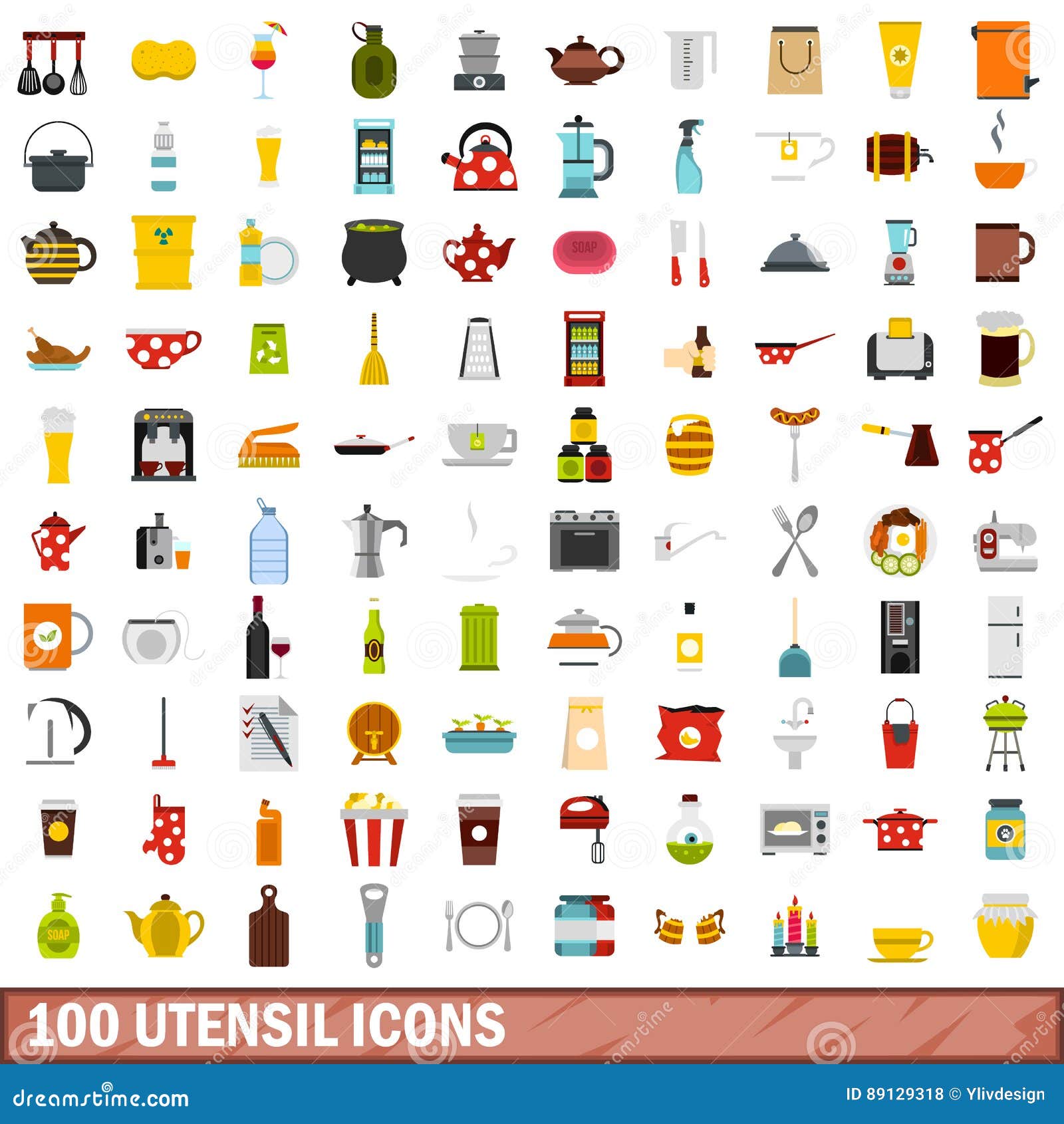 100 Utensil Icons Set, Flat Style Stock Vector Illustration of