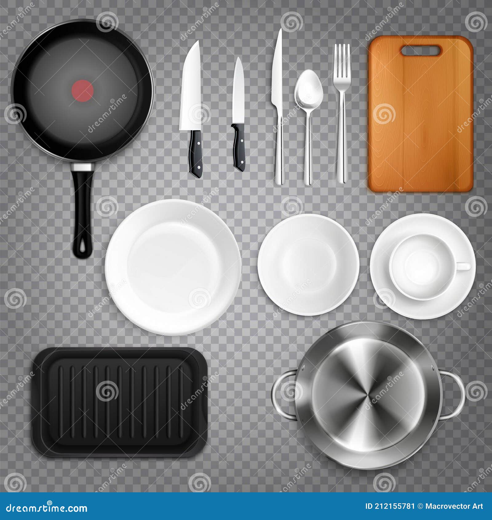 Utensilios De Cocina Realistas Set Top View Con Cuchillos De Cubiertos  Platos Tabla De Cortar Tabla De Fritura Pan Transparente Ilustración del  Vector - Ilustración de tarjeta, interior: 212155781