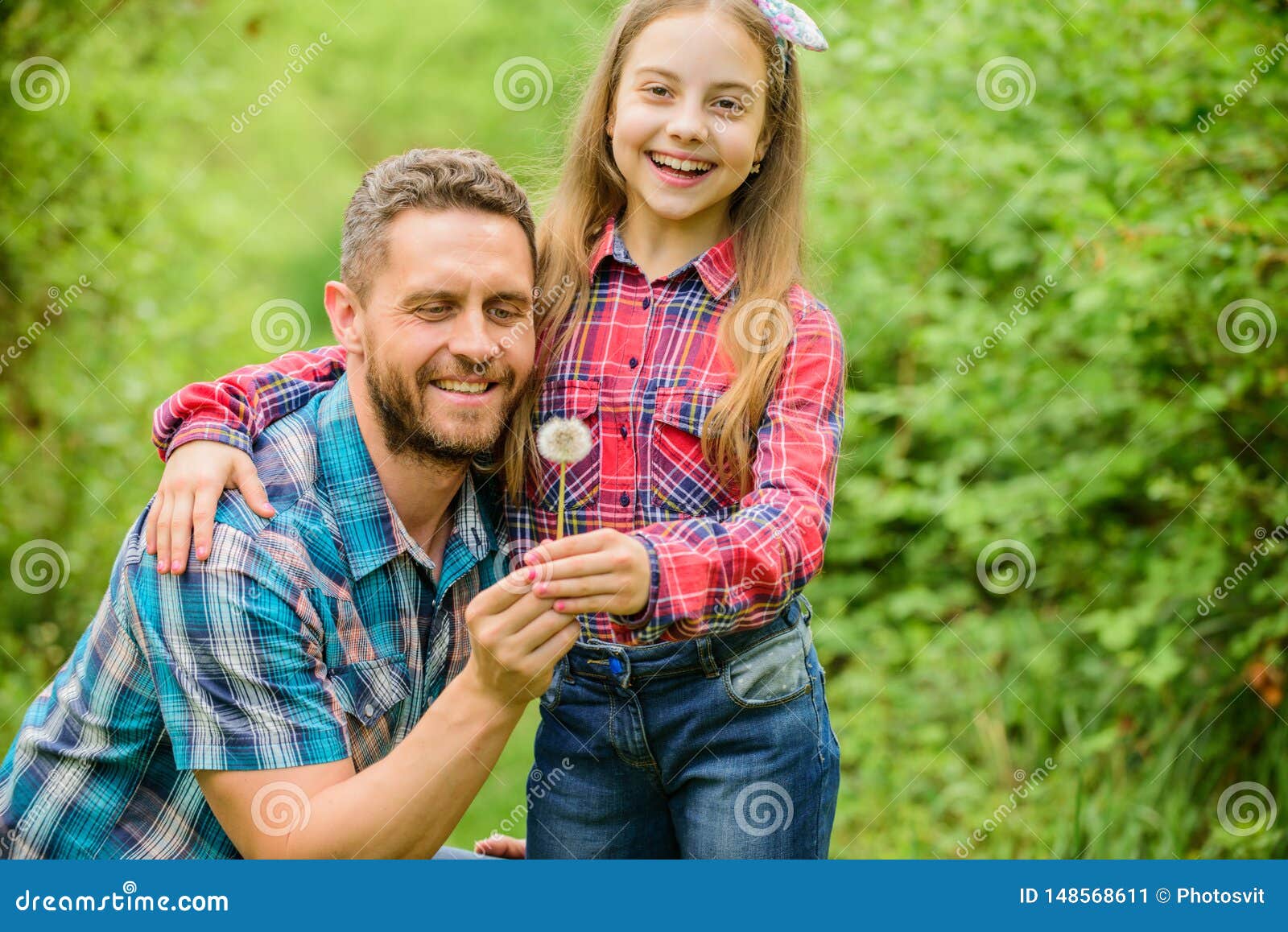 Keep allergies from ruining your life. Seasonal allergies concept. Outgrow allergies. Biggest pollen allergy questions. Father little girl enjoy summertime. Dad and daughter blowing dandelion seeds.