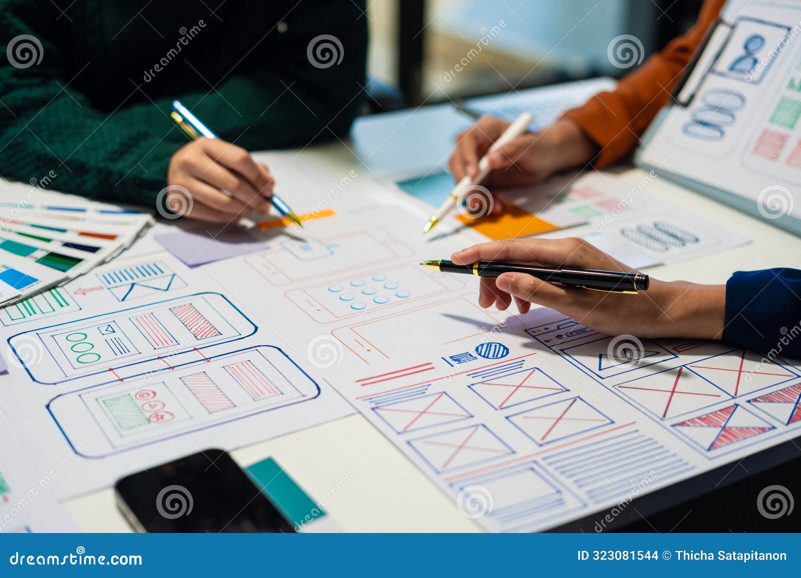 ux developer and ui er brainstorming about mobile app interface wireframe  with customer breif and color code, user