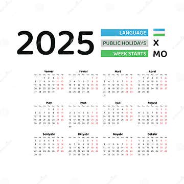 Uzbekistan Calendar 2025. Week Starts from Monday. Vector Graphic