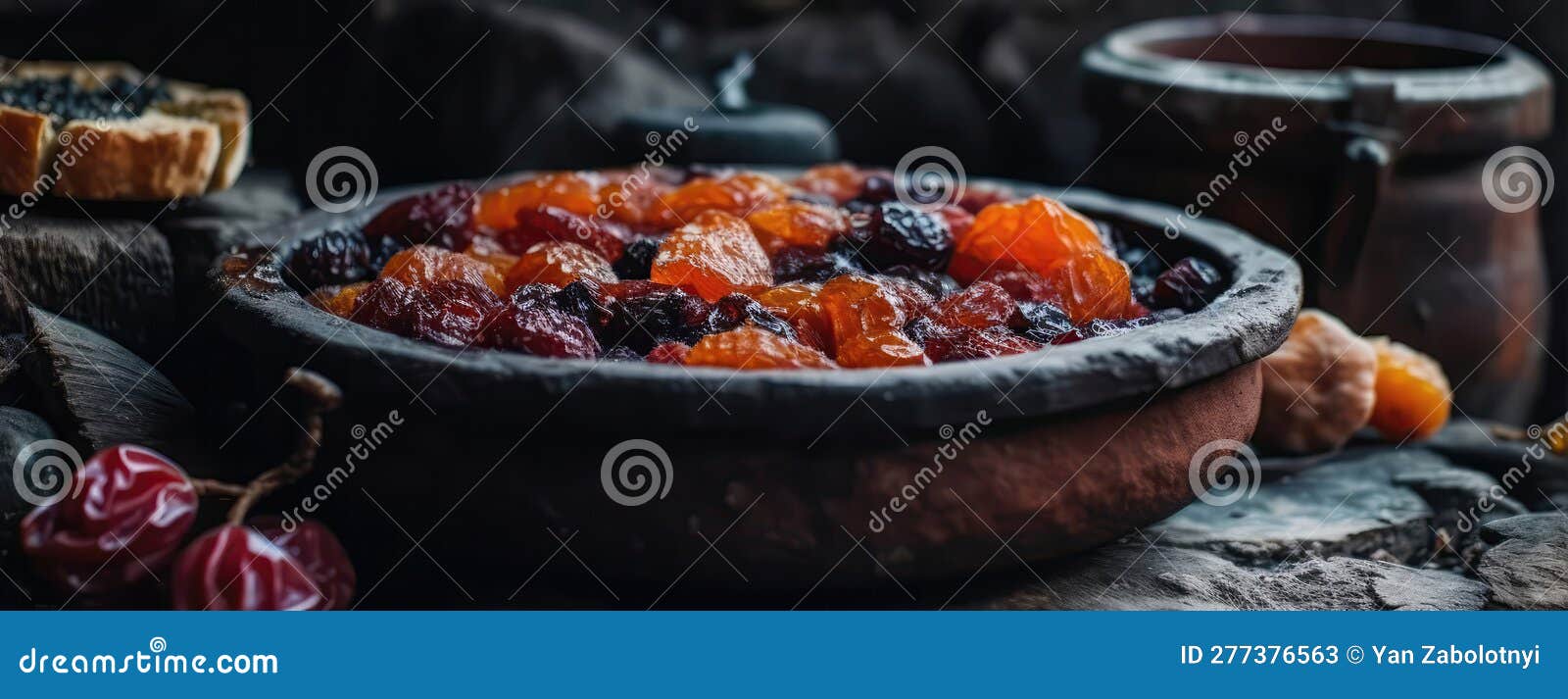 Uzvar Dried Fruit Compote on Stone Rustic Pub Ukrainian Dishes Wide