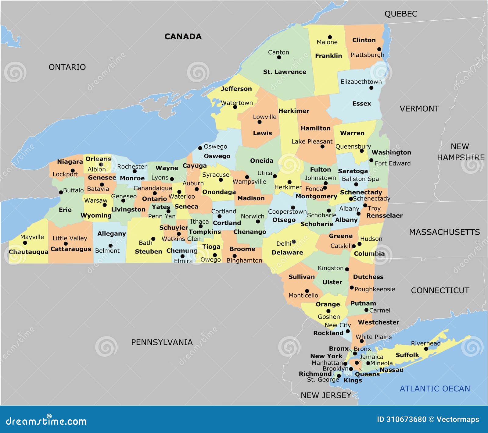 new york county map with 62 counties