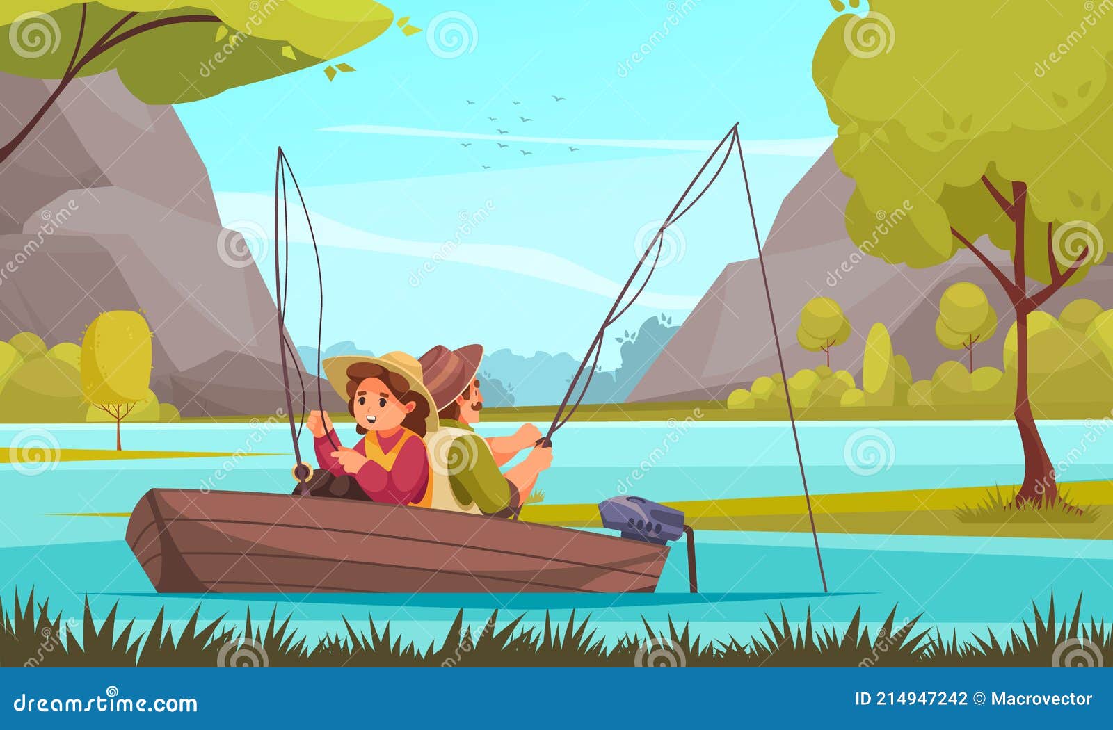 Composición De Dibujos Animados De Pesca De Vacaciones Ilustración del  Vector - Ilustración de sombrero, actividad: 214947242