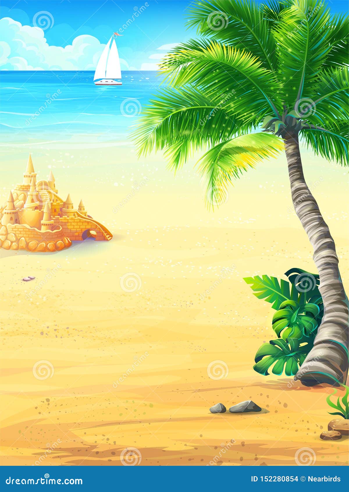 Vacances D Ete Avec Le Soleil Mer Ciel Palmiers Plage Bateau Illustration De Vecteur Illustration Du Element Bateau