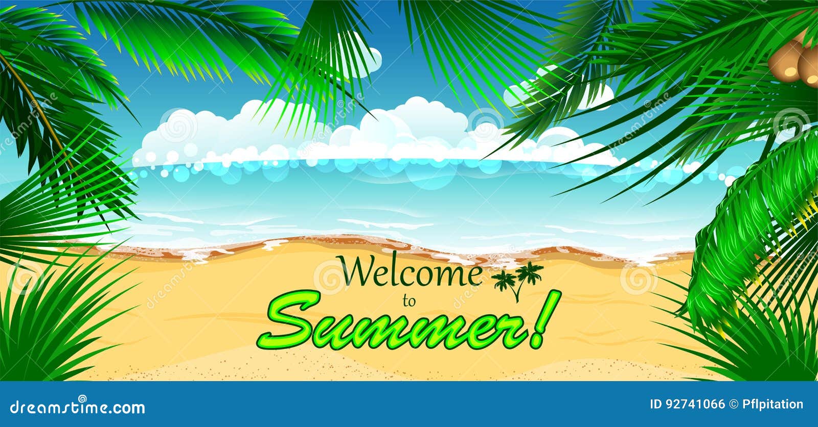 Vacation Background. Beach with Palm Trees and Blue Sea. Stock Vector -  Illustration of beach, relaxation: 92741066, image size:1600x837