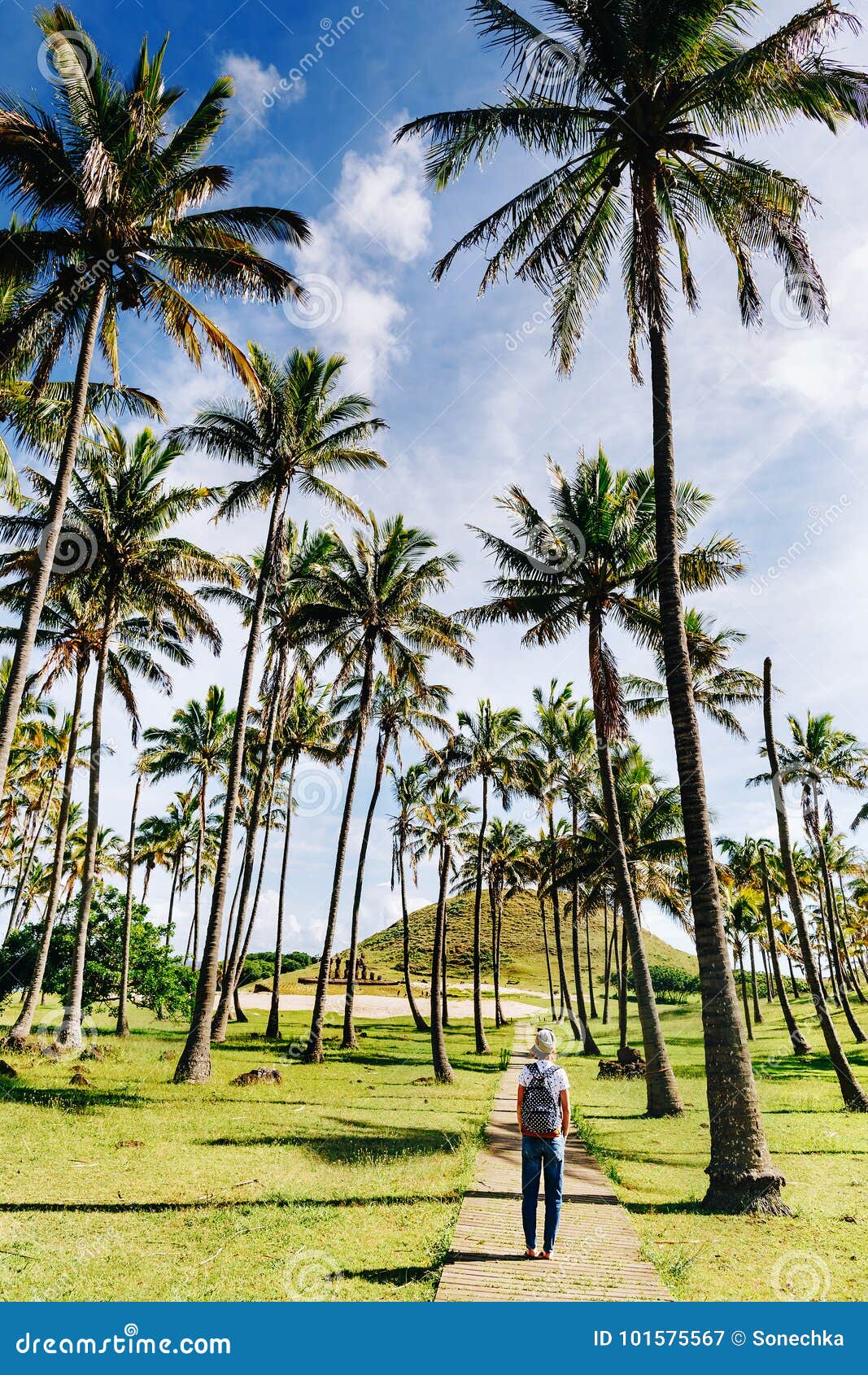 happy hipster gitl walking bitween palm trees on anakena beach, easter island