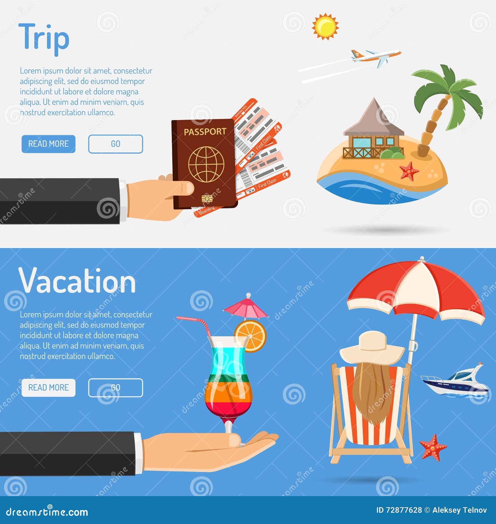 Vacation and Trip Banners stock vector. Illustration of palm - 72877628