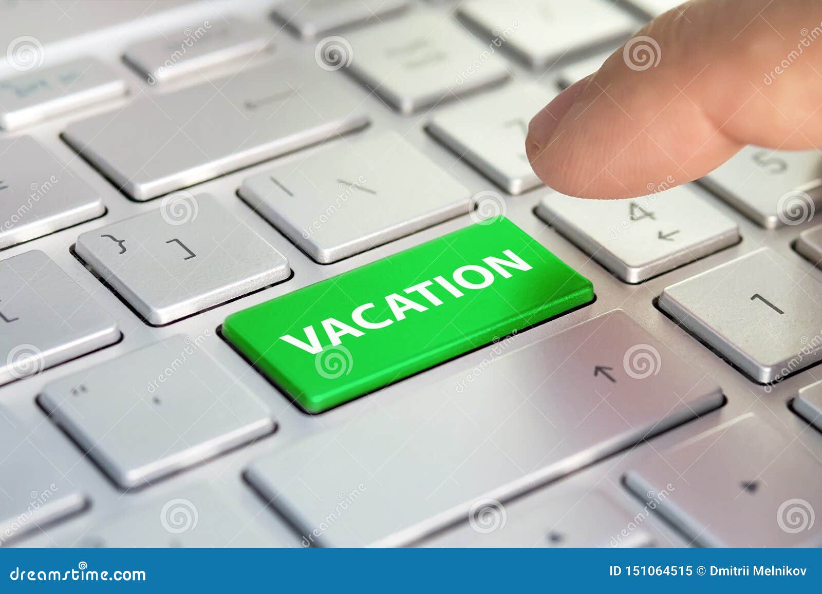 Vacation Word on Computer Keyboard Button. Finger Presses Color Button