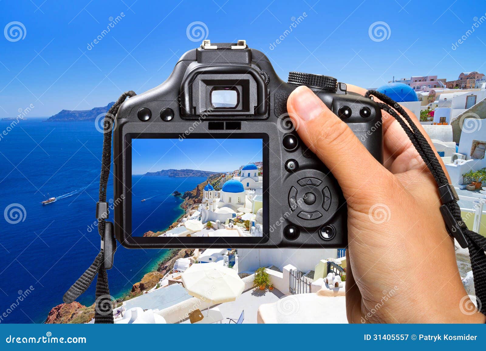 Vacations on Santorini Island with the Camera Stock Image Image of