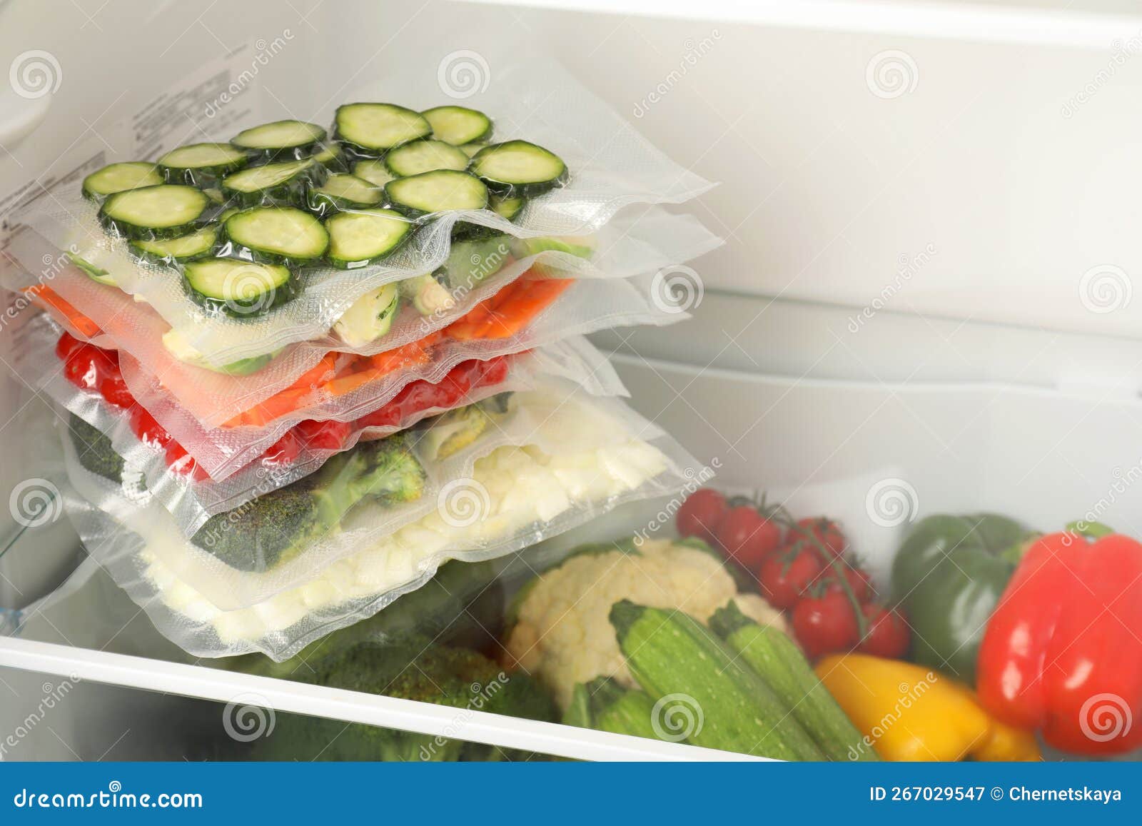 Vacuum Bags with Different Vegetables in Fridge, Space for Text. Food