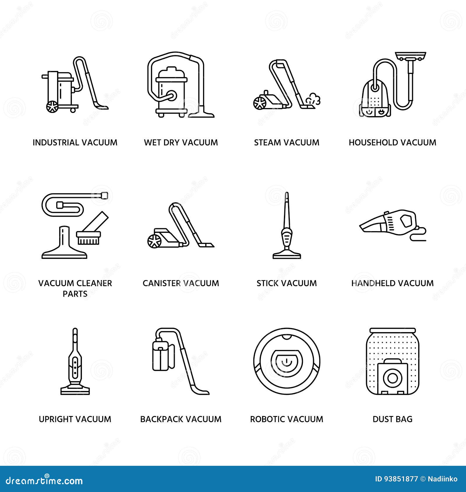 vacuum cleaners colored flat line icons. different vacuums types - industrial, household, handheld, robotic, canister