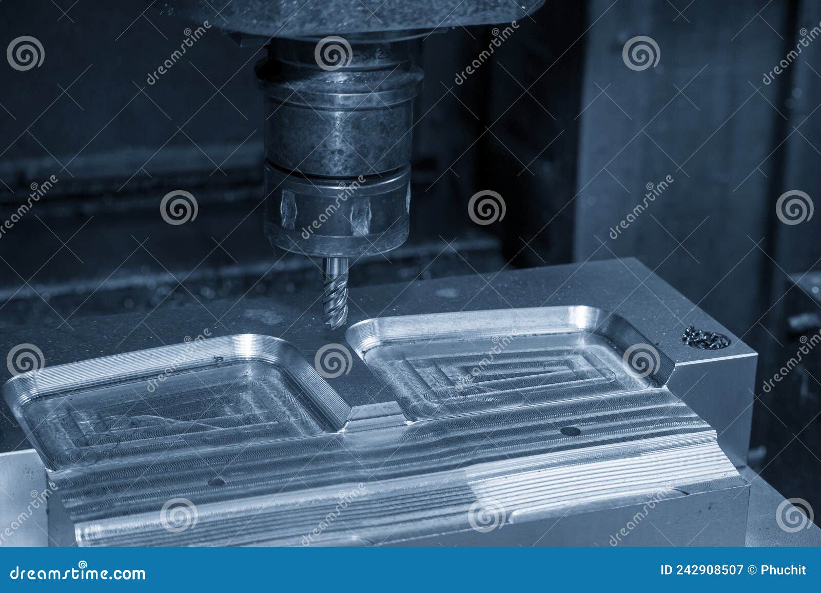 The Vacuum Mold Manufacturing Process by CNC Milling Machine with End Mill Tool Stock Image