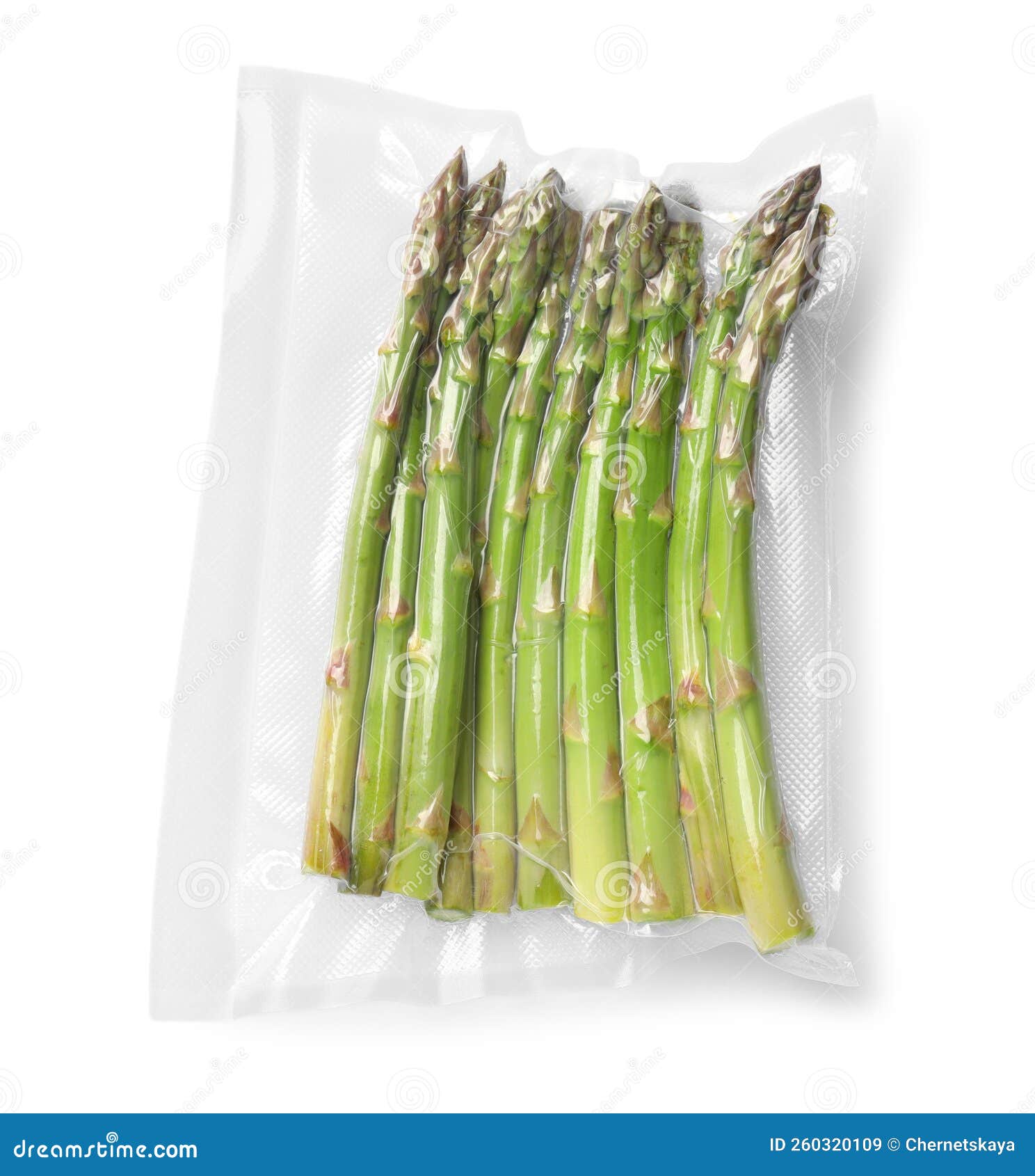 Vacuum Pack of Asparagus Isolated on White, Top View Stock Image