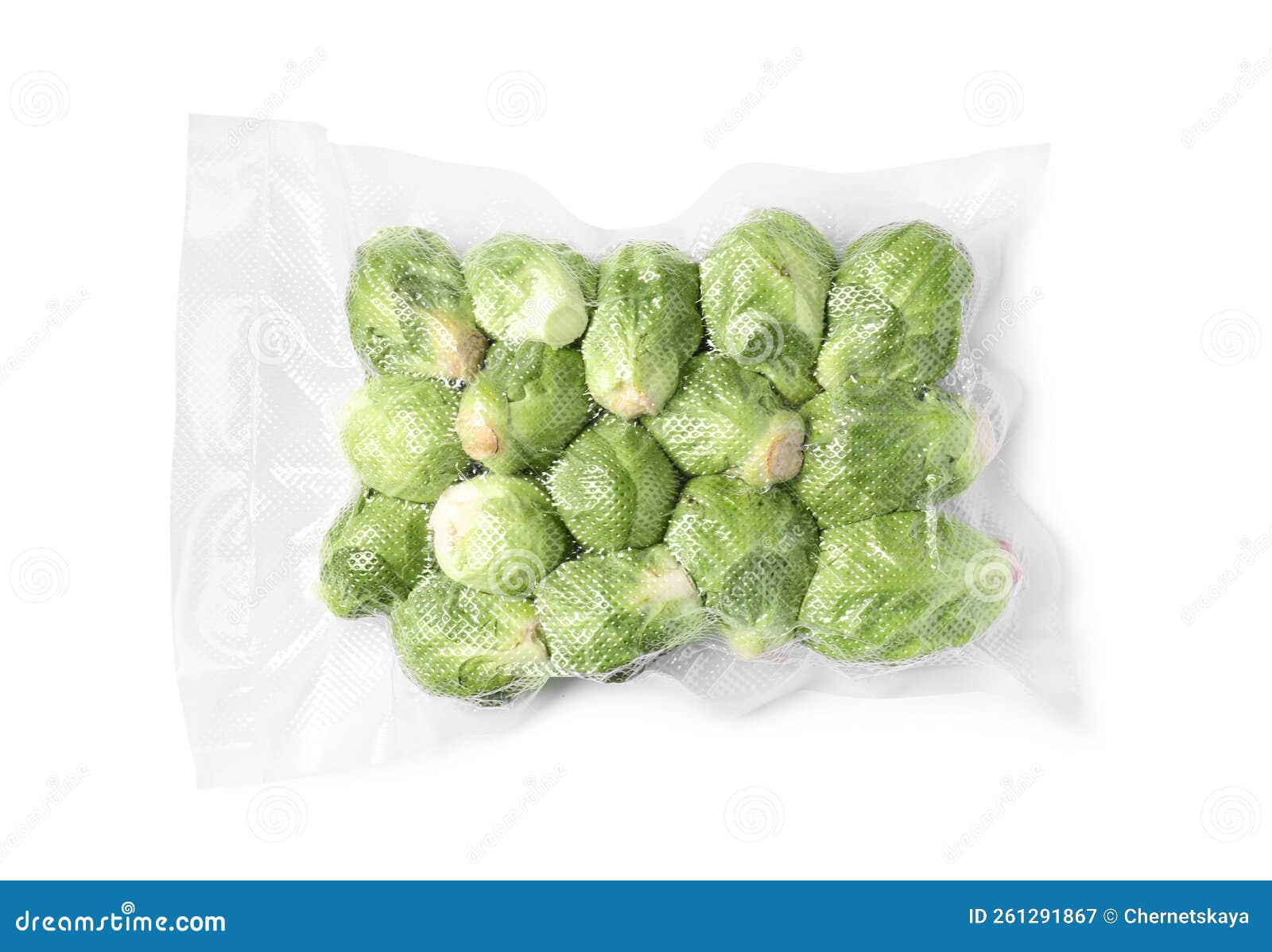 Vacuum Pack of Brussels Sprouts Isolated on White, Top View Stock Image