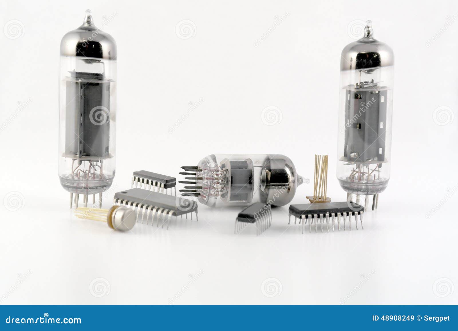 Vacuum Radio Tubes and Semiconductor Chips Stock Image Image of light