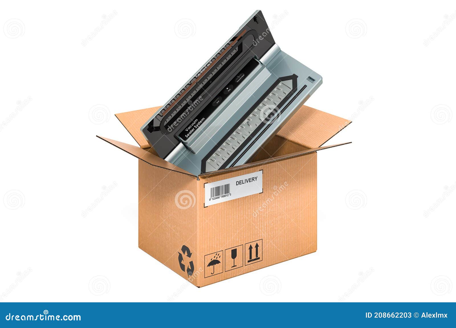 Vacuum Sealer Inside Cardboard Box, Delivery Concept. 3D Rendering