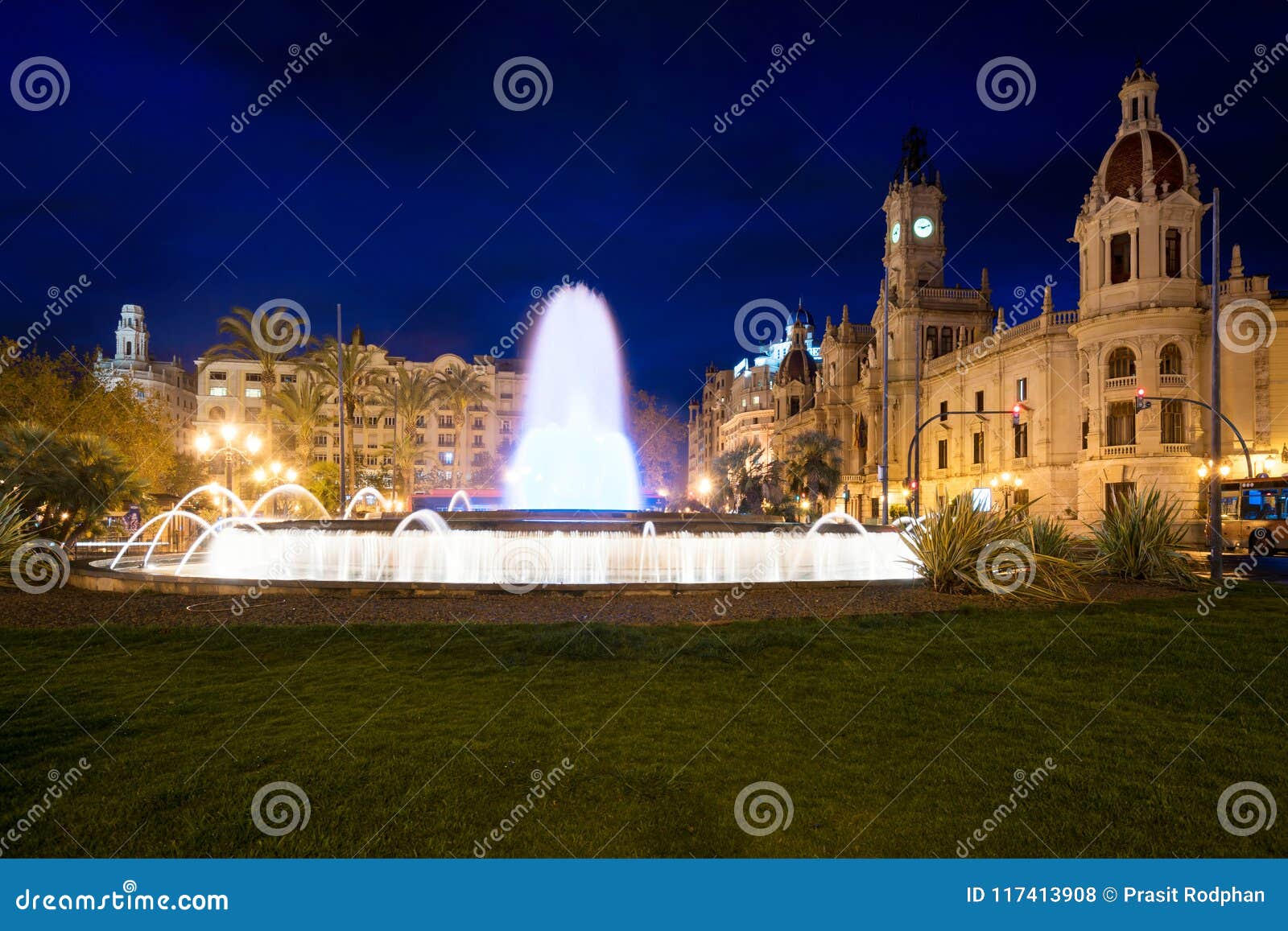 valencia city hall on plaza del ayuntamiento with colorful fount