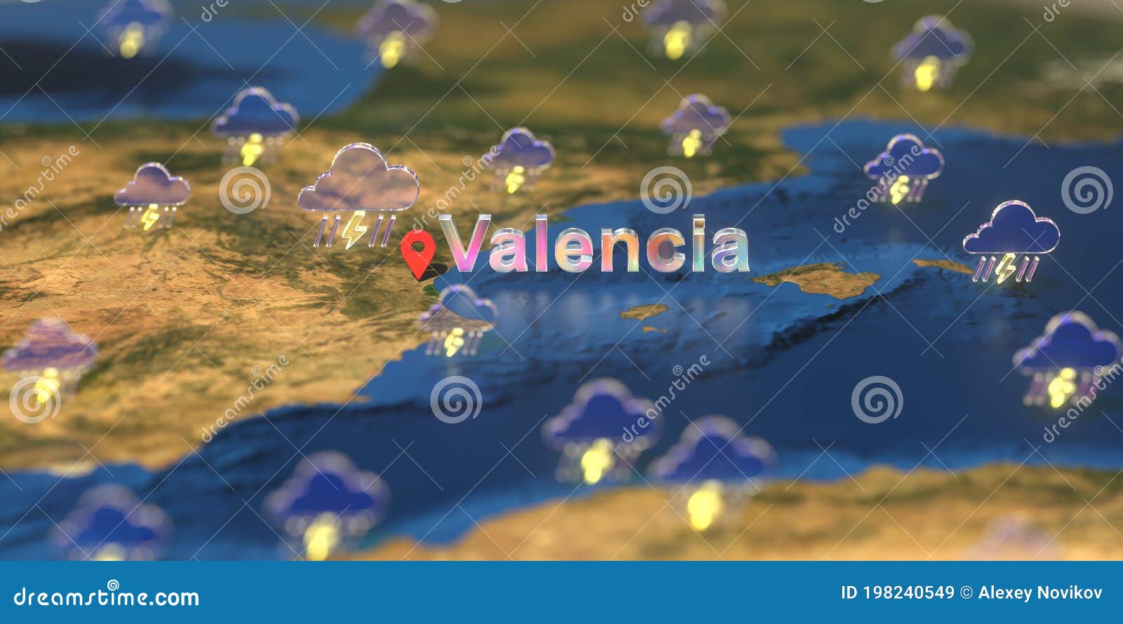 Valencia City and Stormy Weather Icon on the Map, Weather Forecast