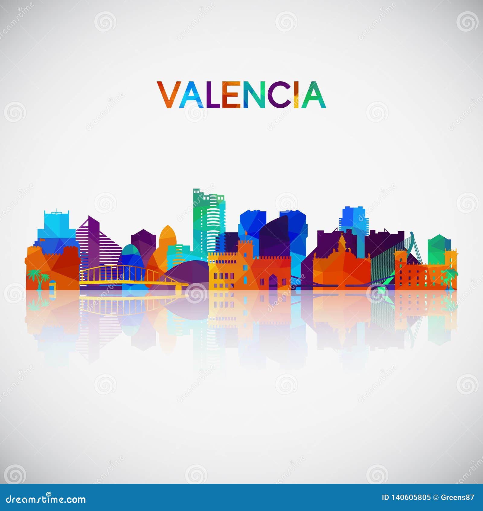 valencia skyline silhouette in colorful geometric style.
