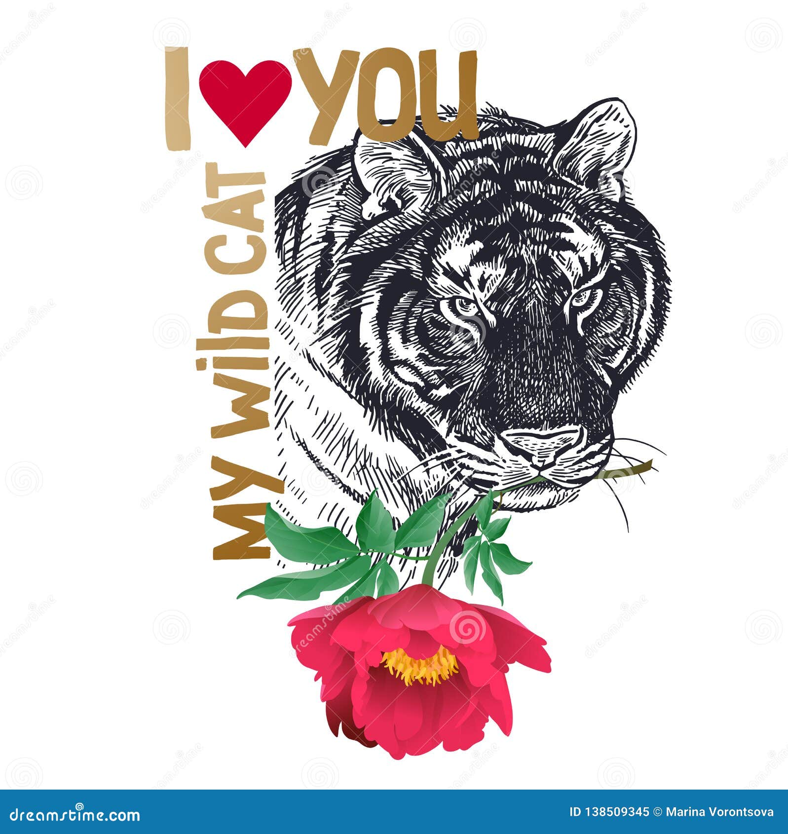 Valentine Avec Le Tigre Animal Pivoine De Fleur Texte Je