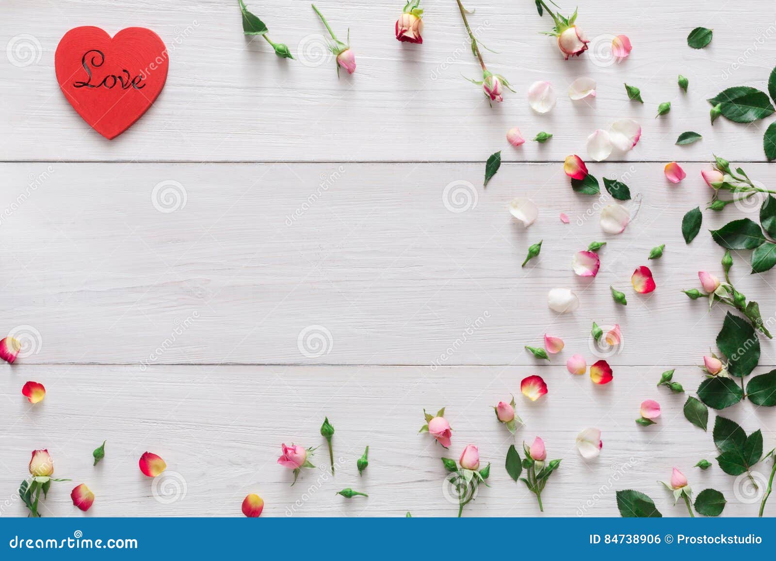 Valentine Day Background, Hearts and Flowers on White Wood Stock Photo ...