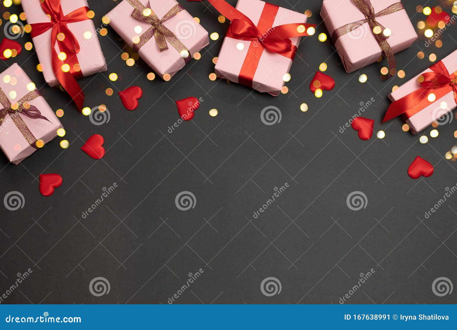 Valentine Day Background with Surprise Gift and Gold Ribbons, Red Love ...
