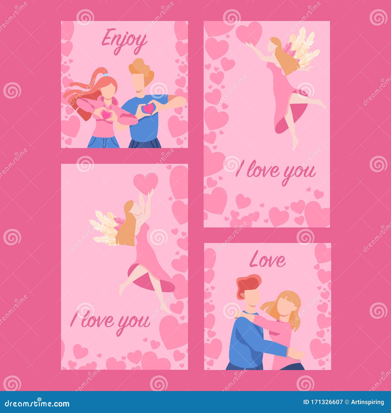 Valentine Day Card Set Happy Couple In Love Stock Vector