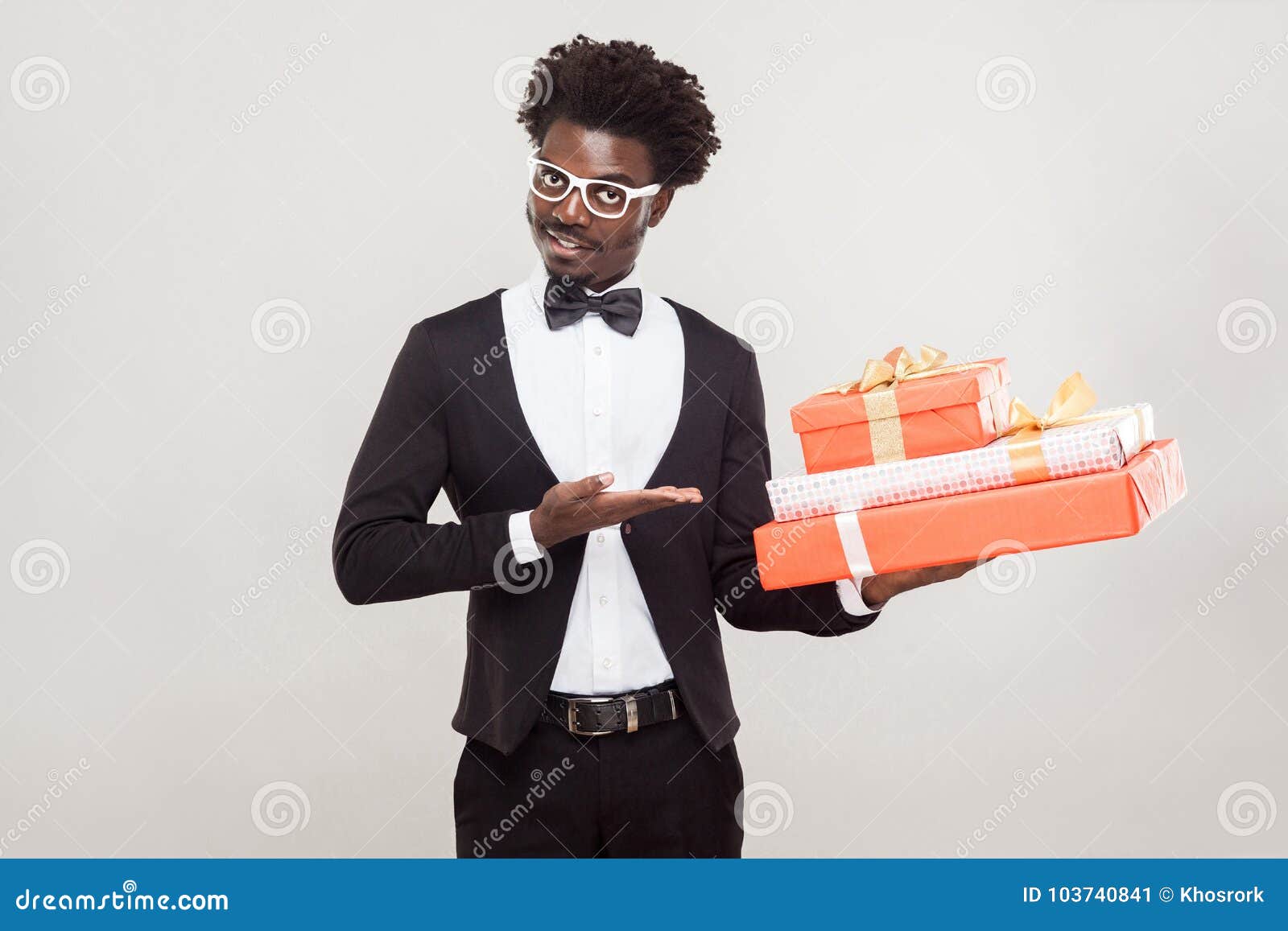 Valentine Day Concept. African Businessman Pointing Hand at Red Stock ...