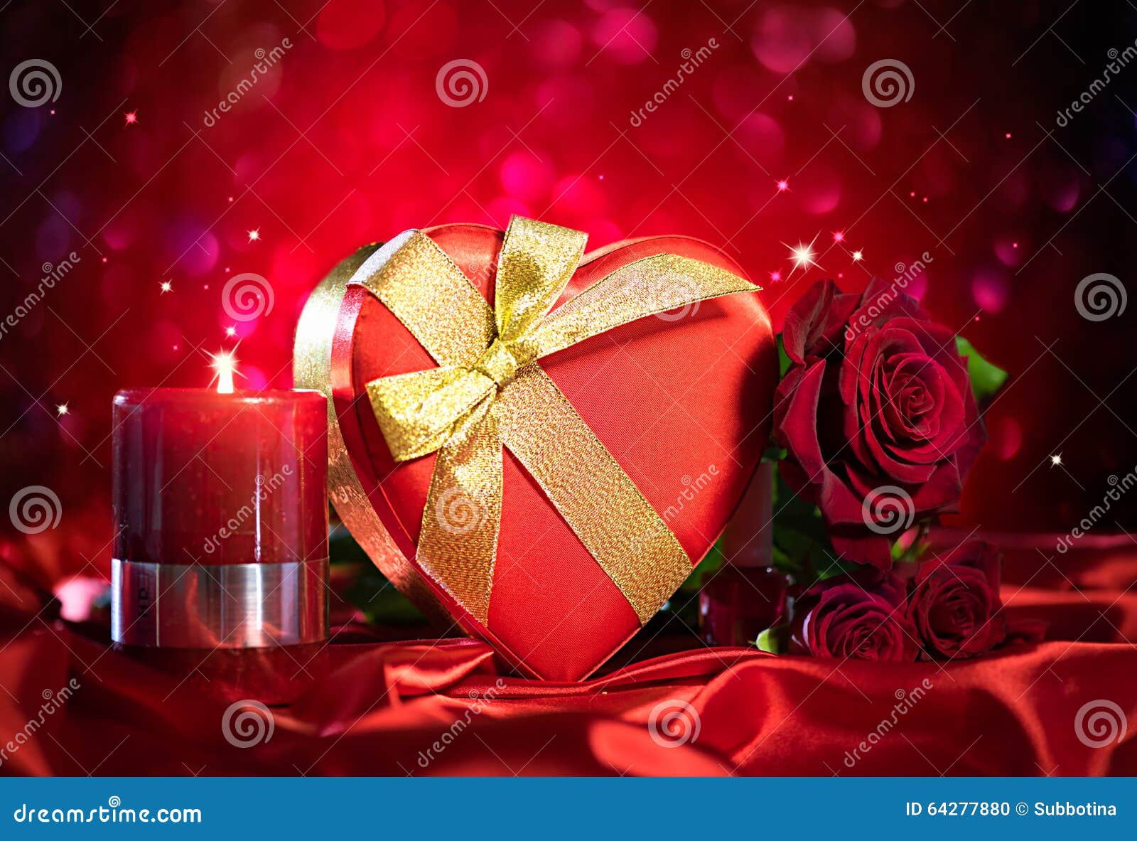 Valentine Gift Box and Rose Flower on Red Silk Stock Photo Image of colour, flower 64277880