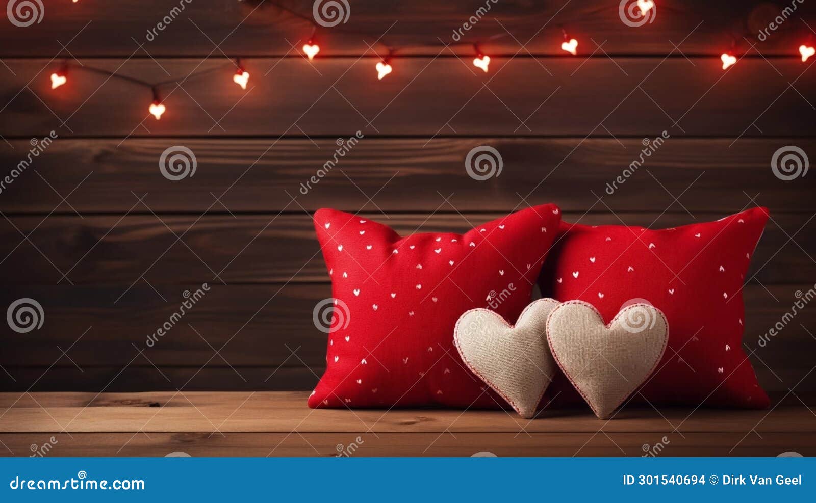 valentine's card mockup with sewn pillow hearts on rustic wooden planks. copy space for banner. beautiful background
