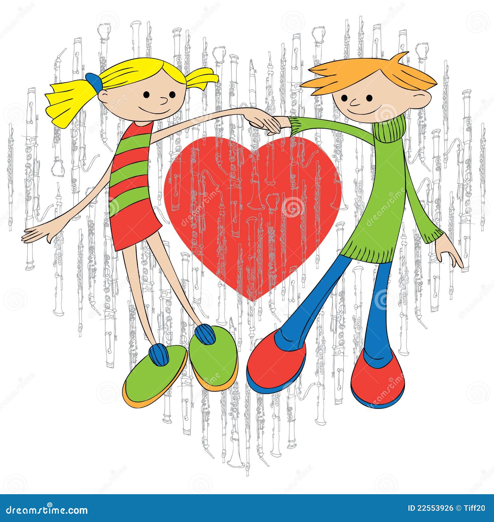 Valentine s day. Cartoon girl and boy dance on the background of the heart, made up of musical instruments.