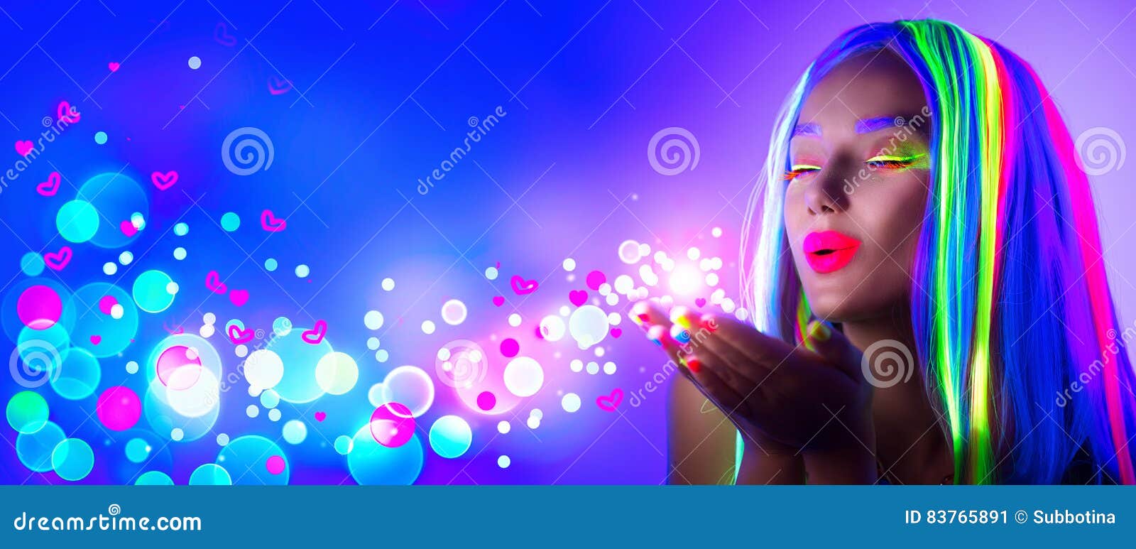 valentine`s day. beauty girl on disco party in neon light