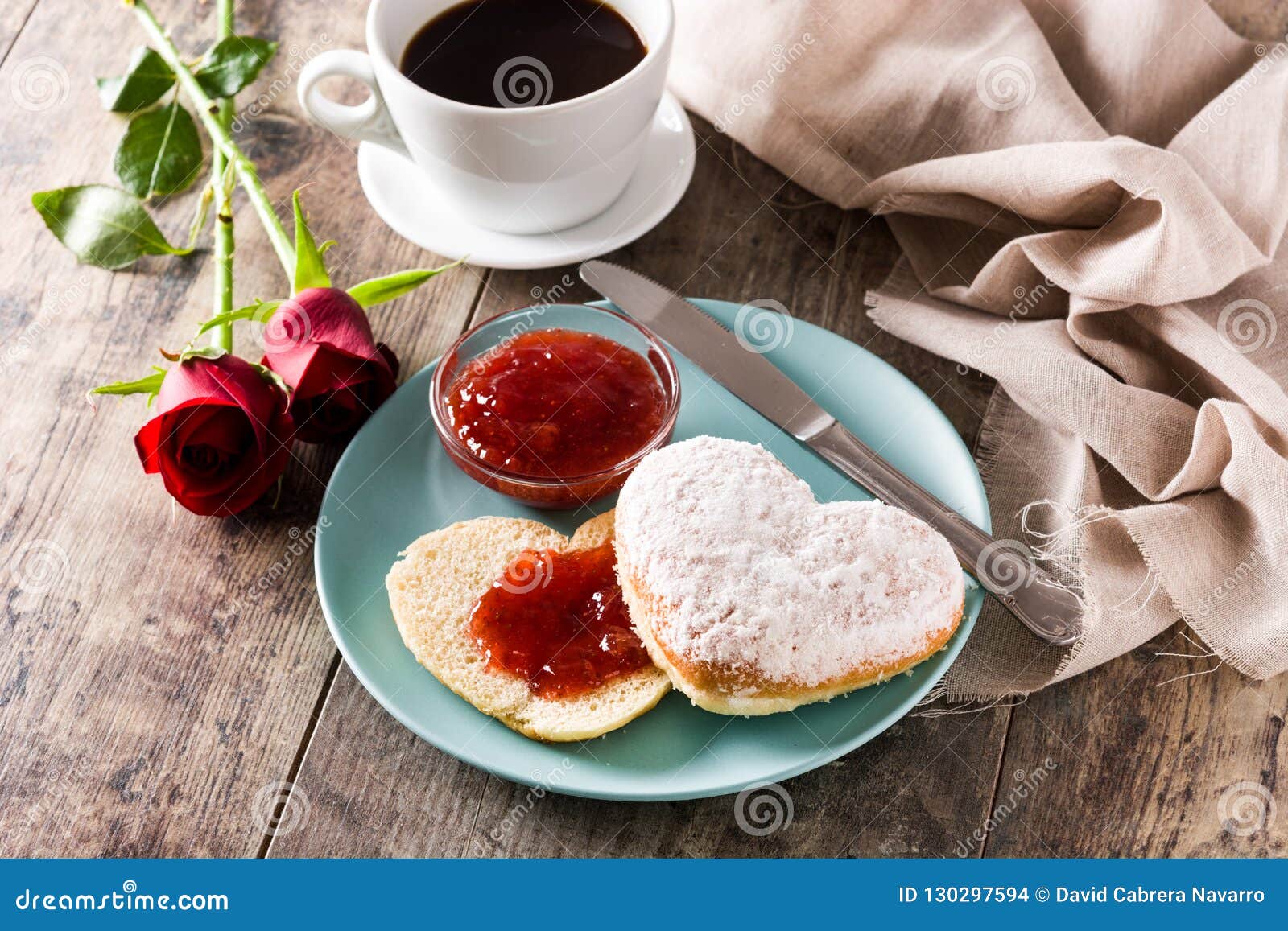 Valentine`s Day Breakfast with Coffee, Heart-shaped Bun and Berry Jam ...