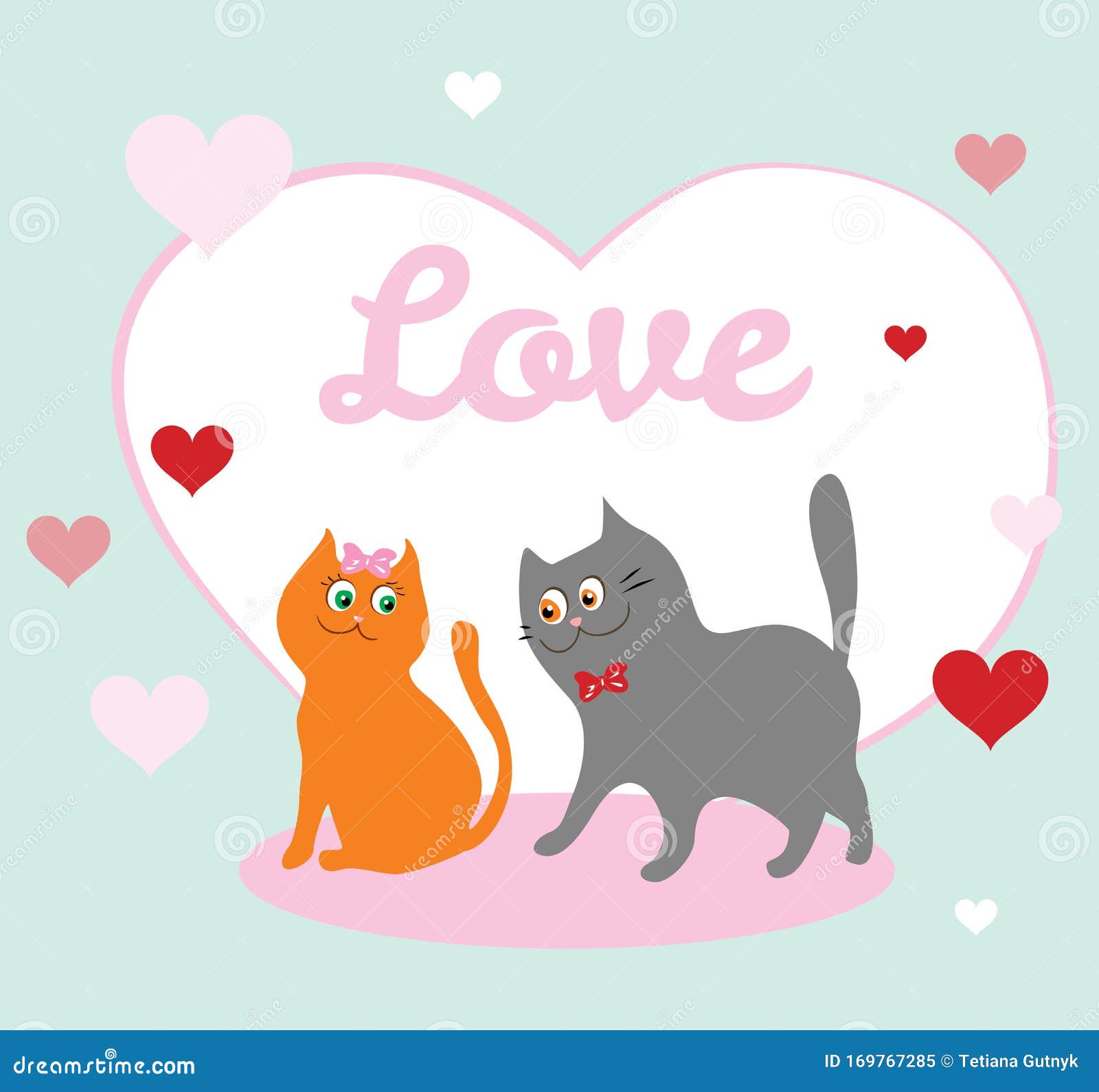 Valentine`s Day Card with Couple of Cute Cats. Vector Illustration of ...