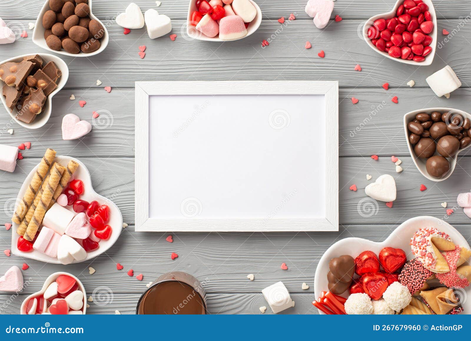 valentine`s day concept. top view photo of white photo frame heart d saucers with chocolate candies cookies glass of drinkin