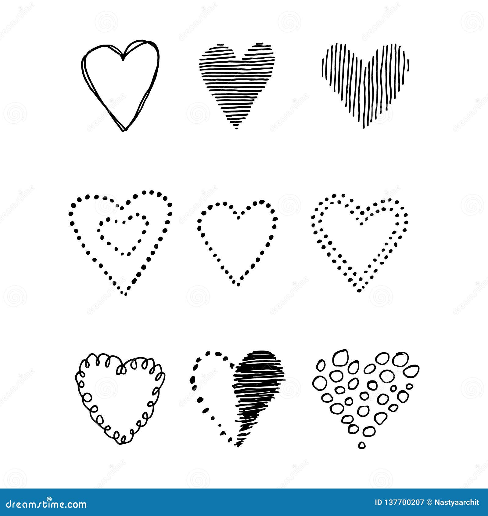 Valentine`s Day Design Set of Vector Hand Drawn Hearts, Black Stock ...
